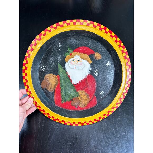 Vintage Circular Paper Mache- Painted Retro Santa- Red Yellow Black- Some wear - Picture 2 of 6